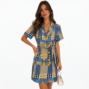 Unique 21 Blue & Yellow Geometric Patchwork Dress Belted Button Front Retro Mod